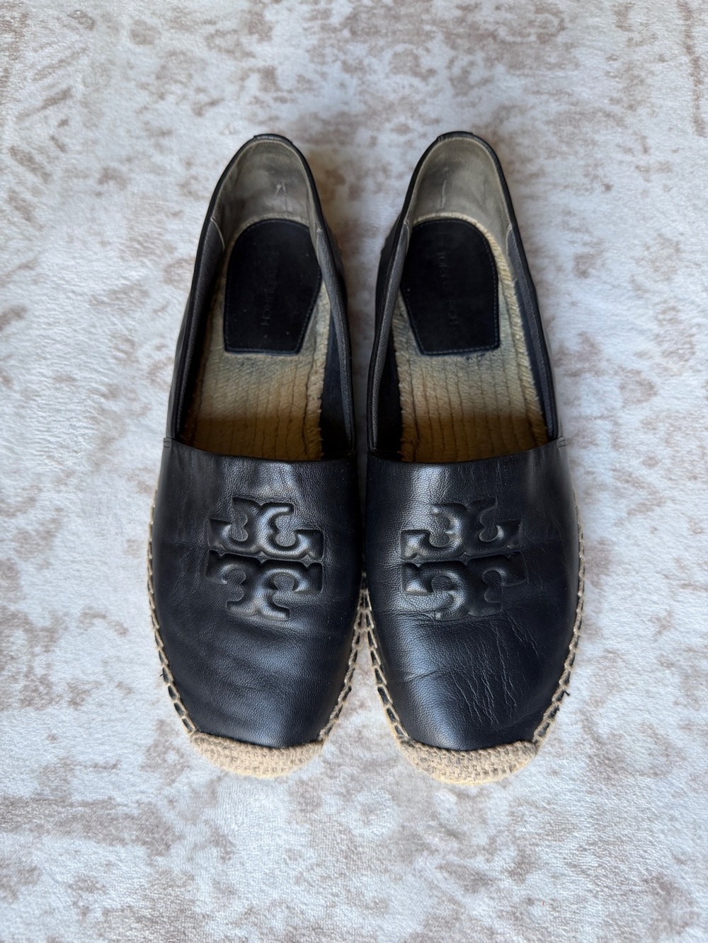 Tory Burch Black Leather Espadrille Slip-Ons with Large Logo